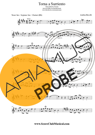 Andrea Bocelli Torna a Surriento score for Tenor-Saxophon Sopran (Bb)