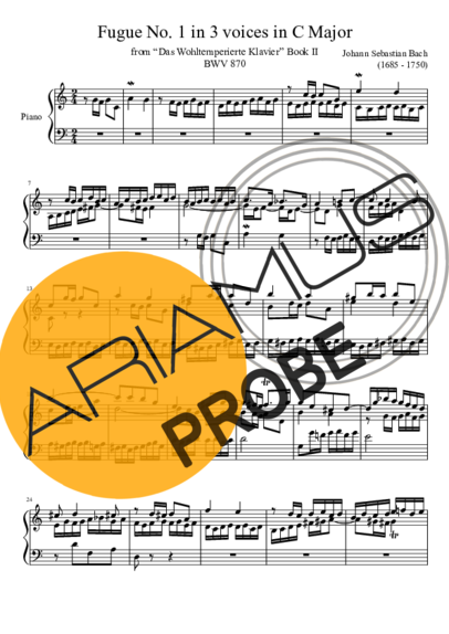Bach Fugue No. 1 BWV 870 In C Major score for Klavier