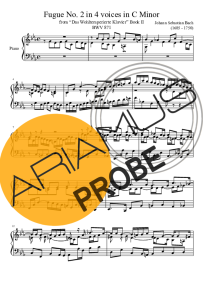 Bach Fugue No. 2 BWV 871 In C Minor score for Klavier