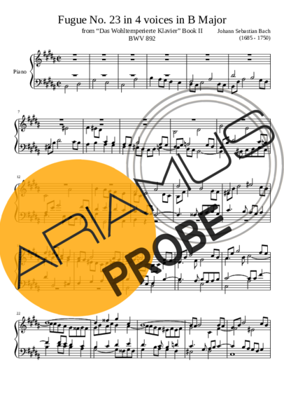 Bach Fugue No. 23 BWV 892 In B Major score for Klavier