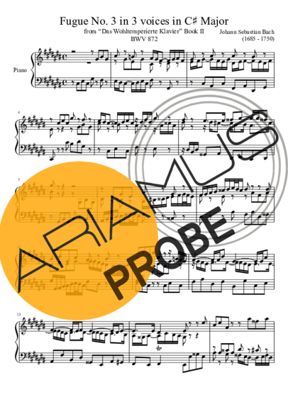 Bach Fugue No. 3 BWV 872 In C Major score for Klavier
