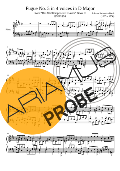 Bach Fugue No. 5 BWV 874 In D Major score for Klavier