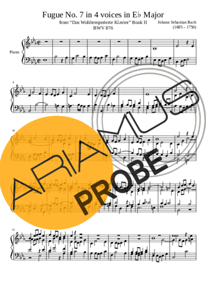 Bach Fugue No. 7 BWV 876 In E Major score for Klavier