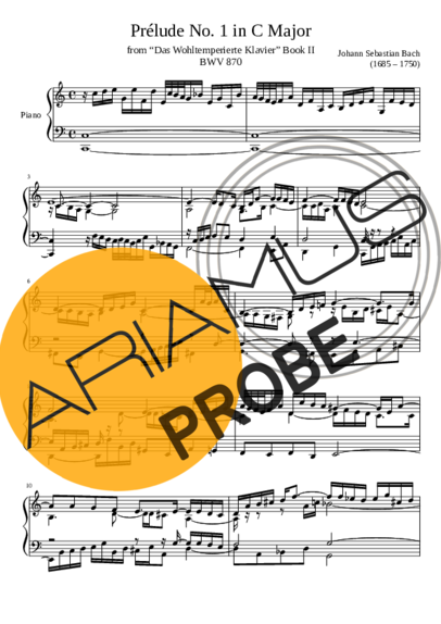 Bach Prelude No. 1 BWV 870 In C Major score for Klavier