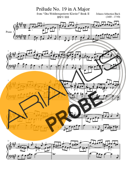 Bach Prelude No. 19 BWV 888 In A Major score for Klavier