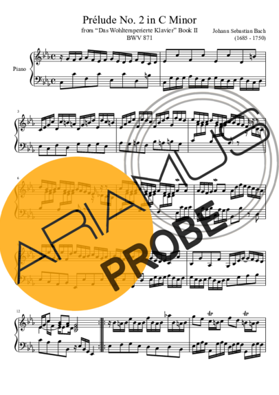 Bach Prelude No. 2 BWV 871 In C Minor score for Klavier
