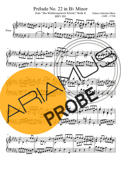 Bach Prelude No. 22 BWV 891 In B Minor score for Klavier