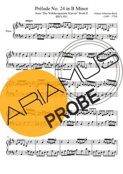 Bach Prelude No. 24 BWV 893 In B Minor score for Klavier