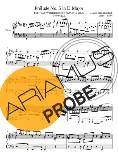 Bach Prelude No. 5 BWV 874 In D Major score for Klavier