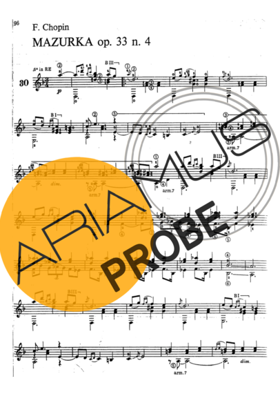 Chopin Mazurka Op 33 N 4 score for Akustische Gitarre