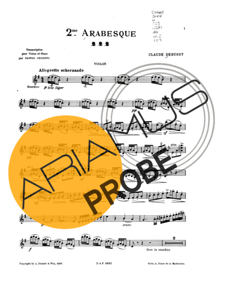 Claude Debussy Arabesque No. 2 score for Geigen