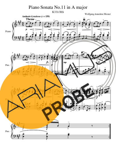 Mozart Piano Sonata No11 in A major K331W score for Klavier
